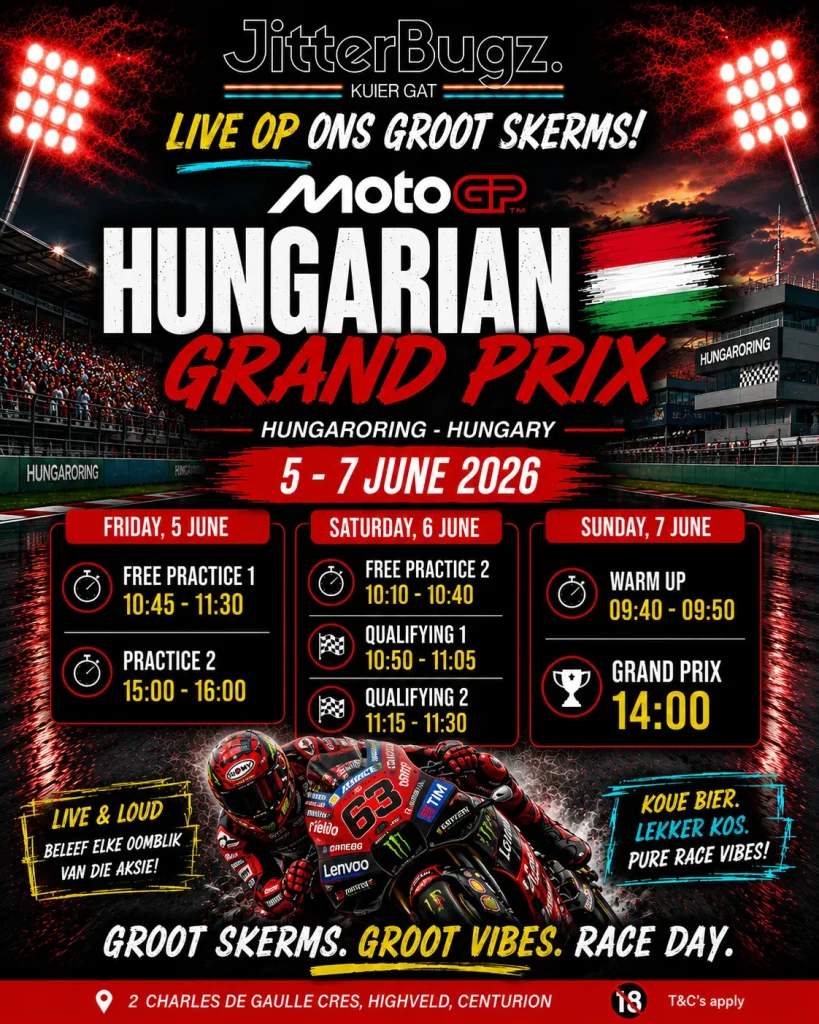 MotoGP Hungarian Grand Prix live at JitterBugz from 5 to 7 June 2026