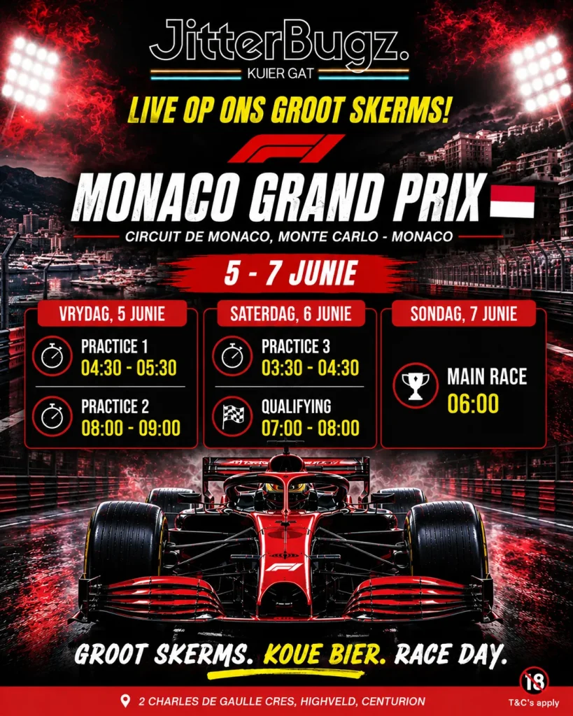 Monaco Grand Prix live at JitterBugz from 5 to 7 June 2026