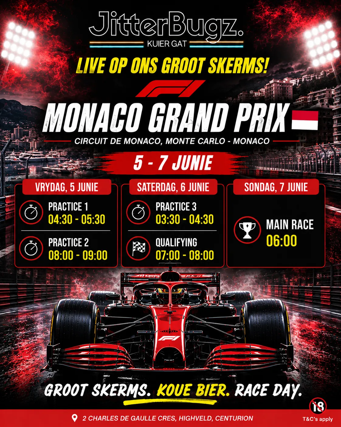 Monaco Grand Prix live at JitterBugz from 5 to 7 June 2026