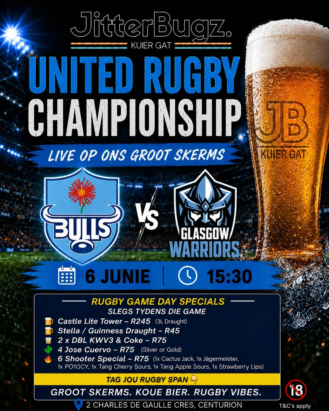 Bulls vs Glasgow Warriors live at JitterBugz on 6 June 2026