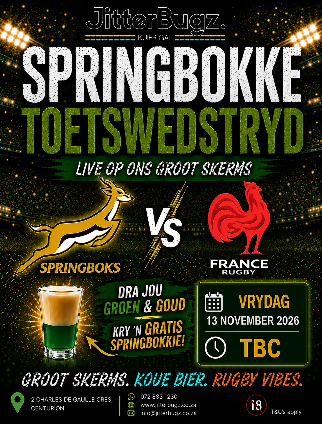 Springboks vs France live at JitterBugz on 13 November 2026