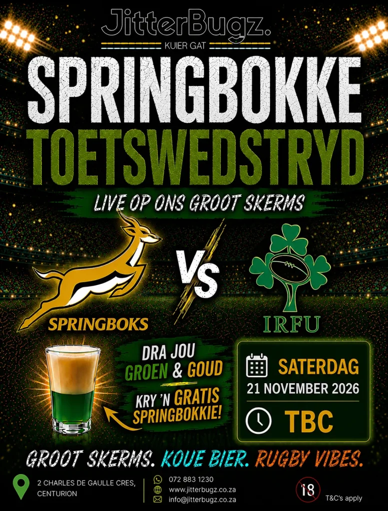 Springboks vs Ireland live at JitterBugz on 21 November 2026