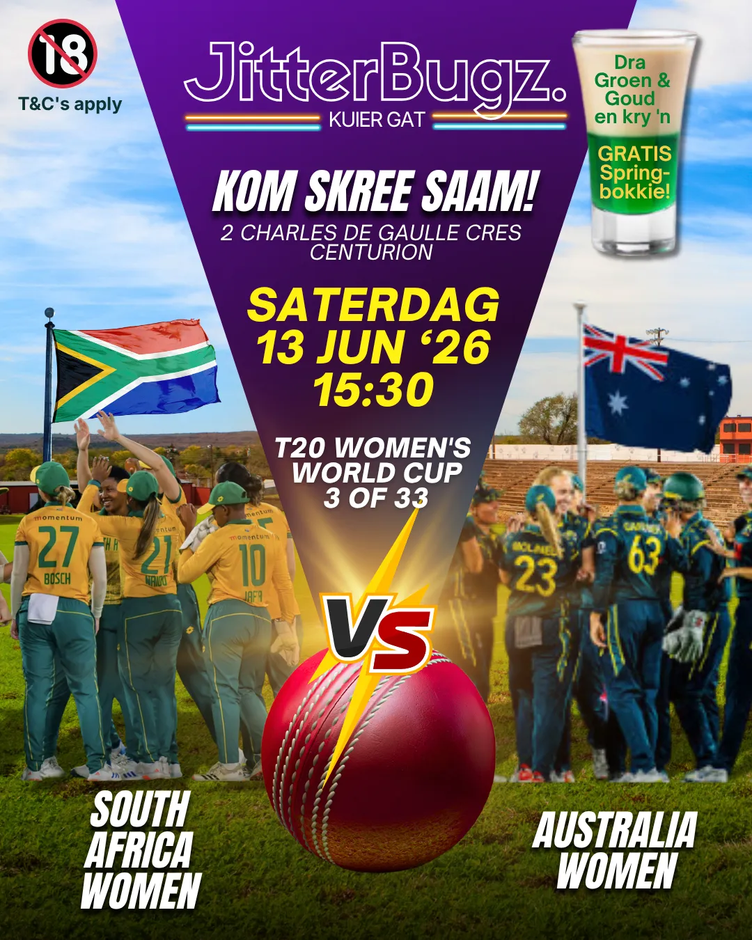 SA Women vs Australia Women live at JitterBugz on 13 June 2026