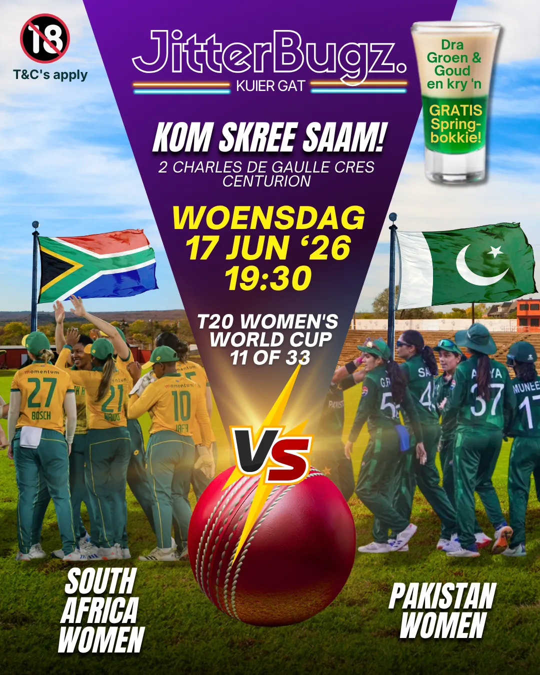 SA Women vs Pakistan Women live at JitterBugz on 17 June 2026