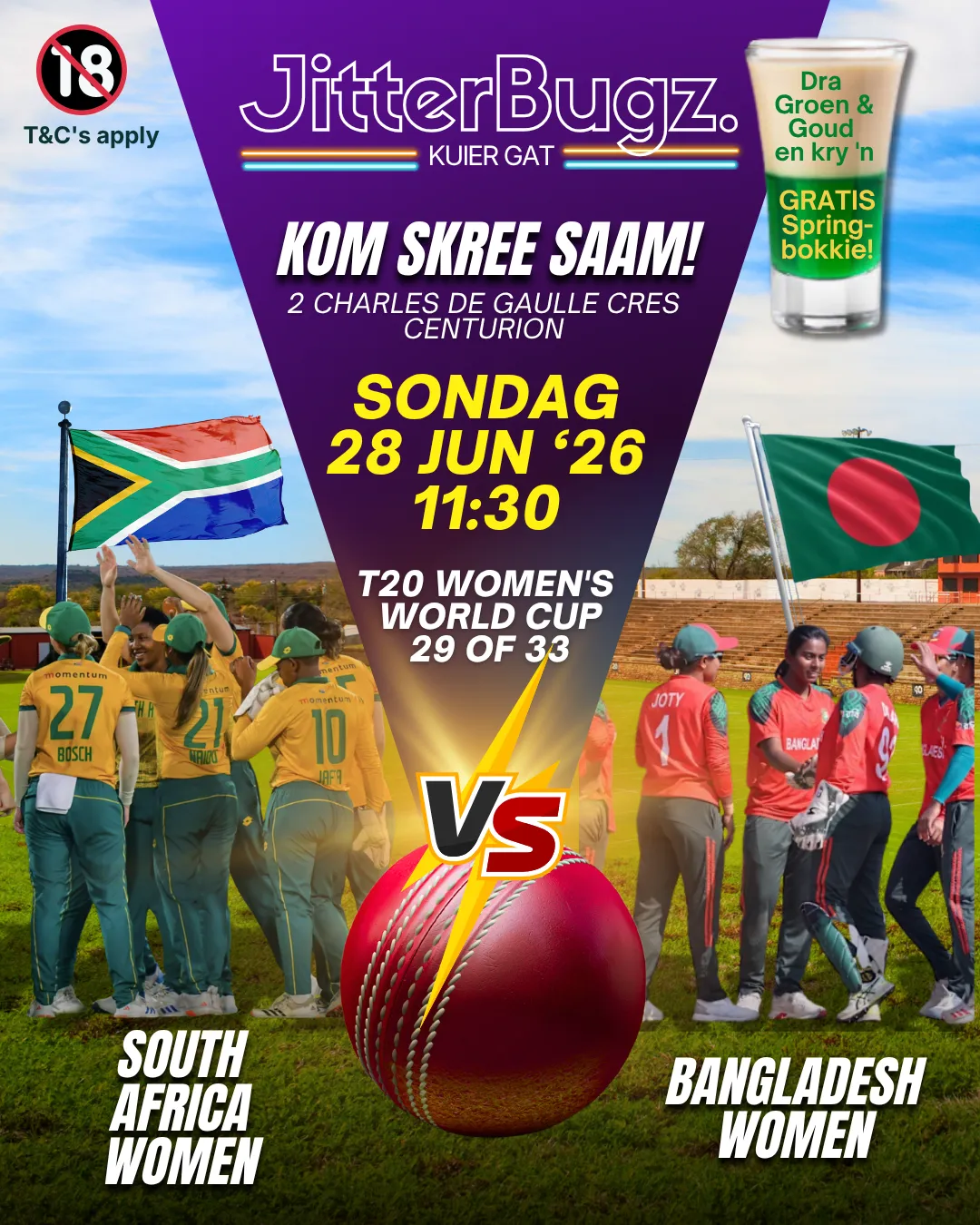 SA Women vs Bangladesh Women live at JitterBugz on 28 June 2026