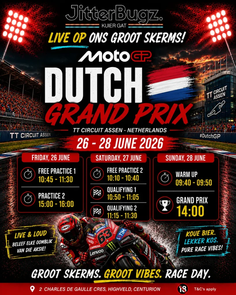 MotoGP Dutch Grand Prix live at JitterBugz from 26 to 28 June 2026