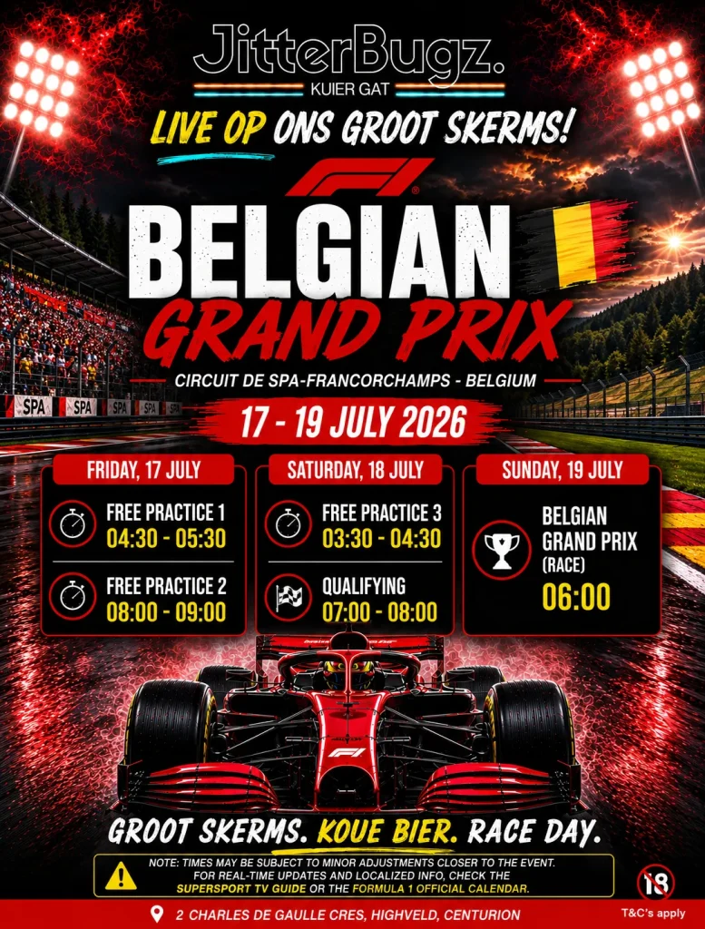 Belgian Grand Prix live at JitterBugz from 17 to 19 July 2026
