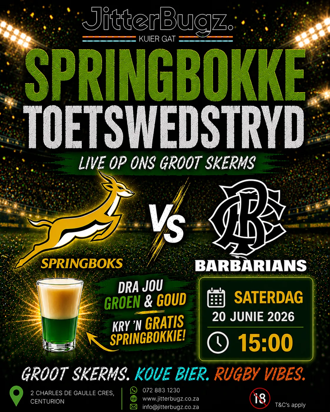 Springboks vs Barbarians live at JitterBugz on 20 June 2026