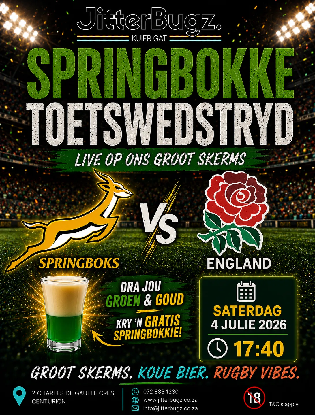 Springboks vs England live at JitterBugz on 4 July 2026