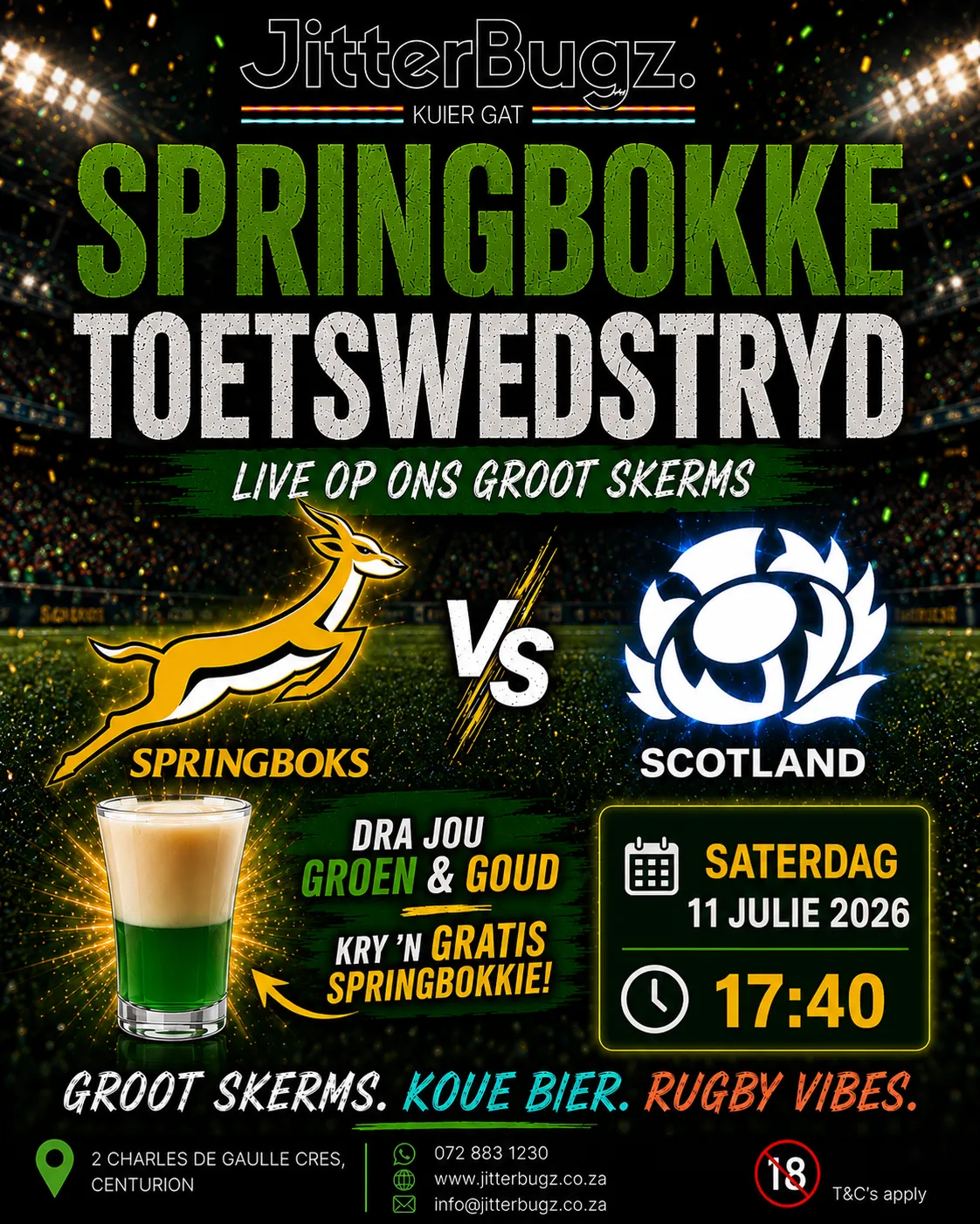 Springboks vs Scotland live at JitterBugz on 11 July 2026