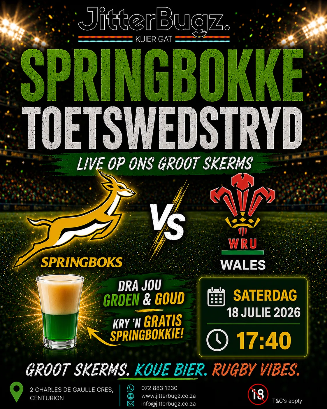 Springboks vs Wales live at JitterBugz on 18 July 2026