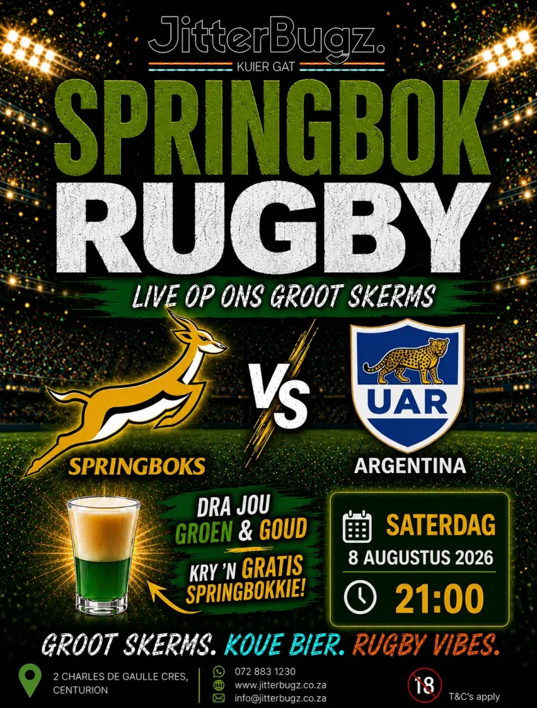 Springboks vs Argentina live at JitterBugz on 8 August 2026