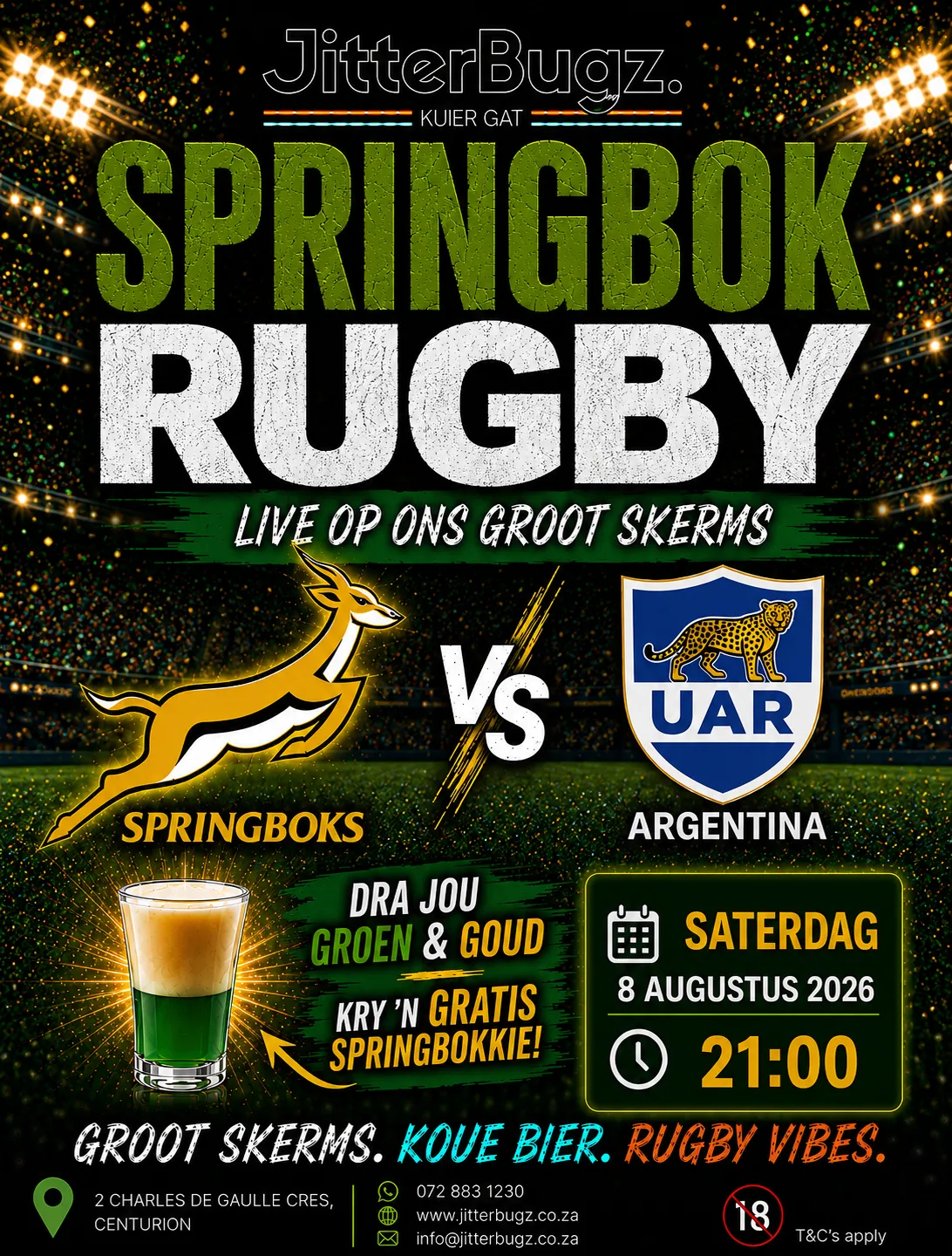 Springboks vs Argentina live at JitterBugz on 8 August 2026