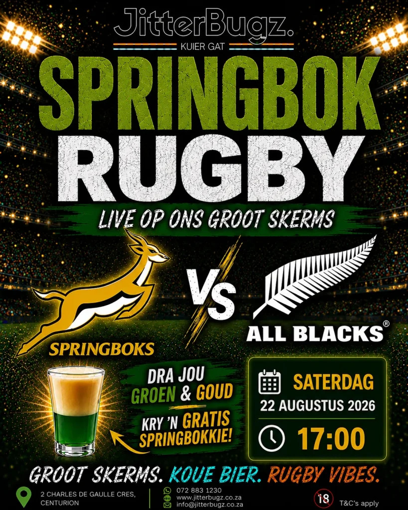 Springboks vs All Blacks live at JitterBugz on 22 August 2026