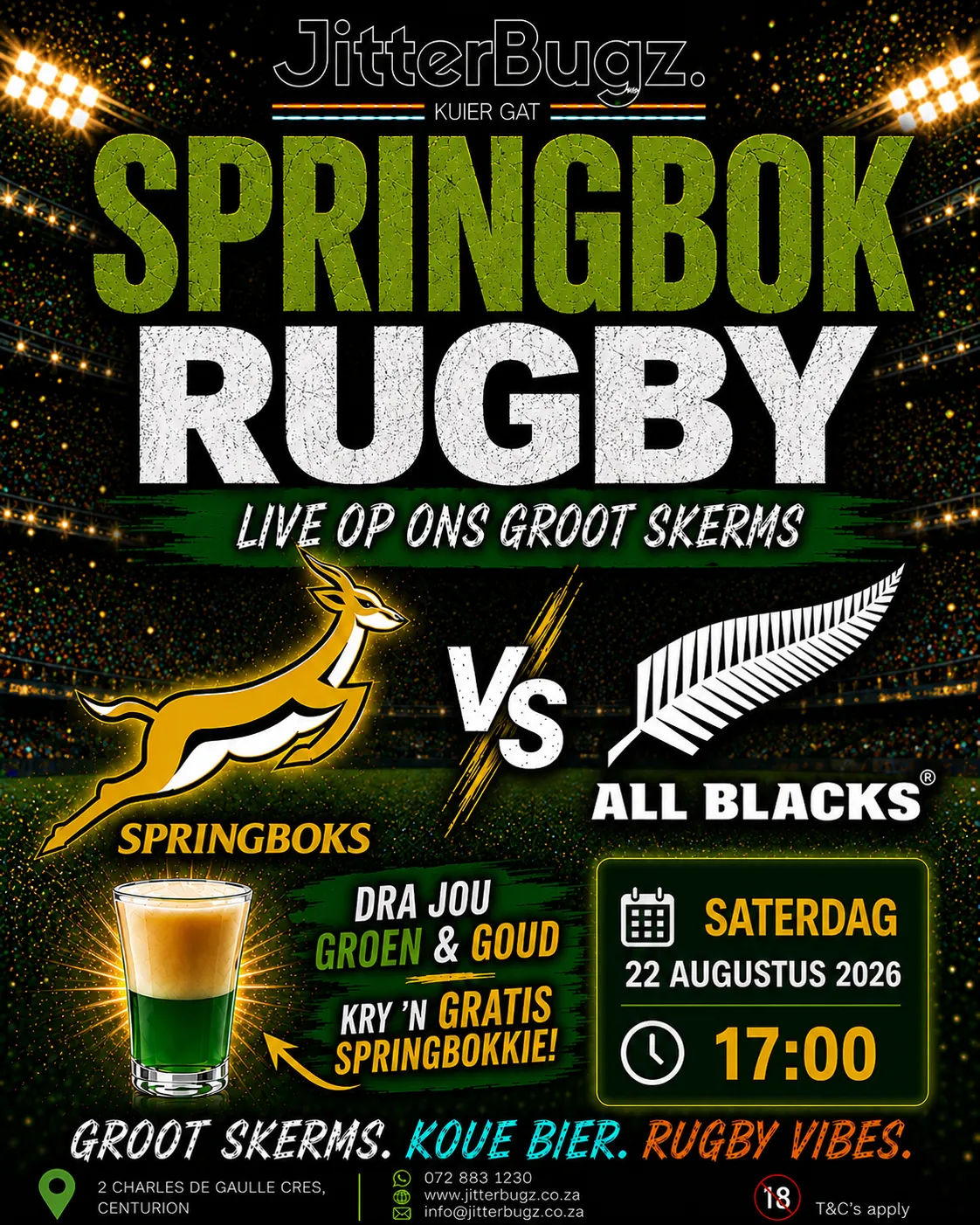 Springboks vs All Blacks live at JitterBugz on 22 August 2026