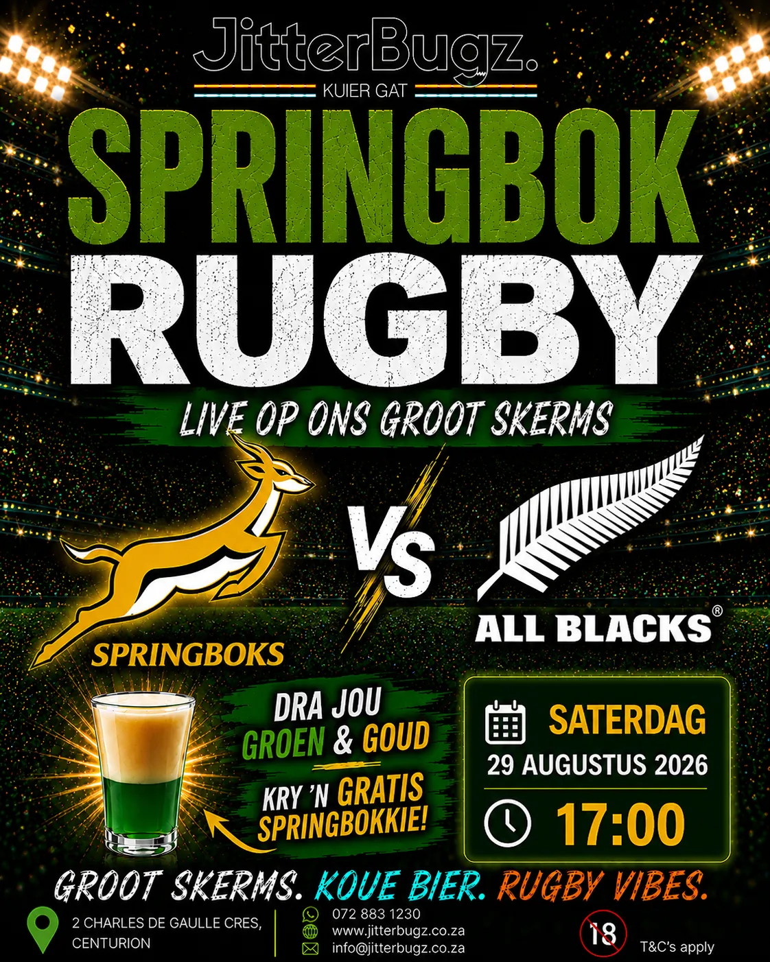 Springboks vs All Blacks live at JitterBugz on 29 August 2026