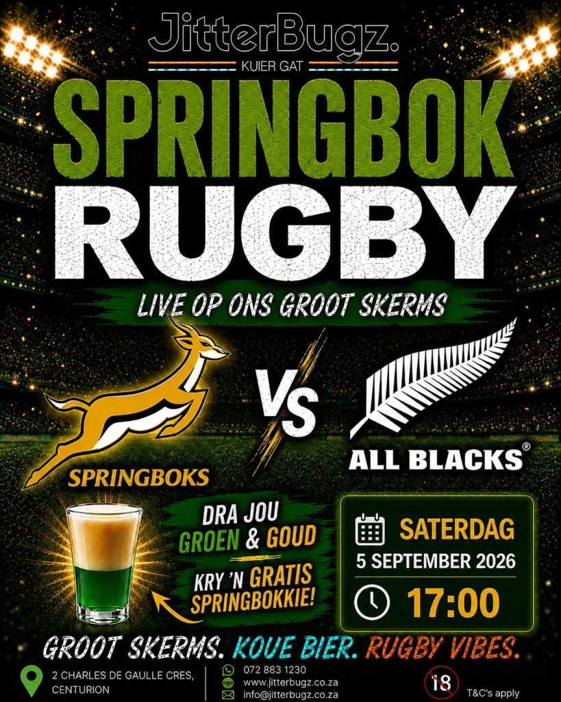 Springboks vs All Blacks live at JitterBugz on 5 September 2026