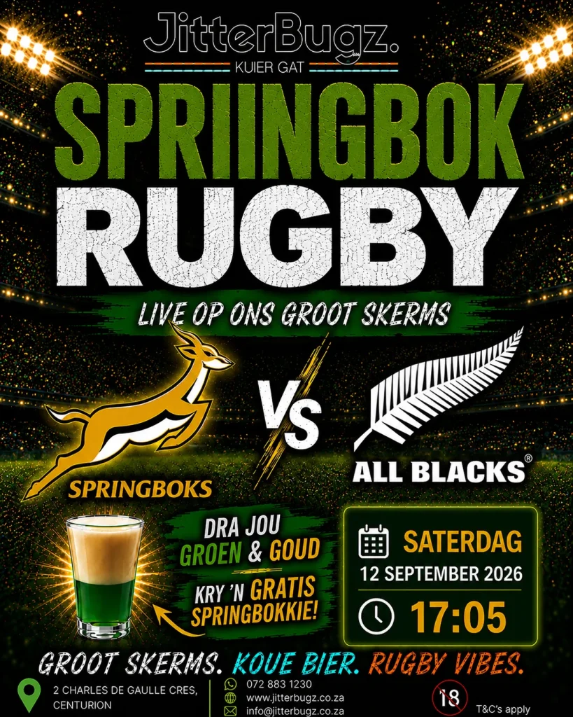 Springboks vs All Blacks live at JitterBugz on 12 September 2026