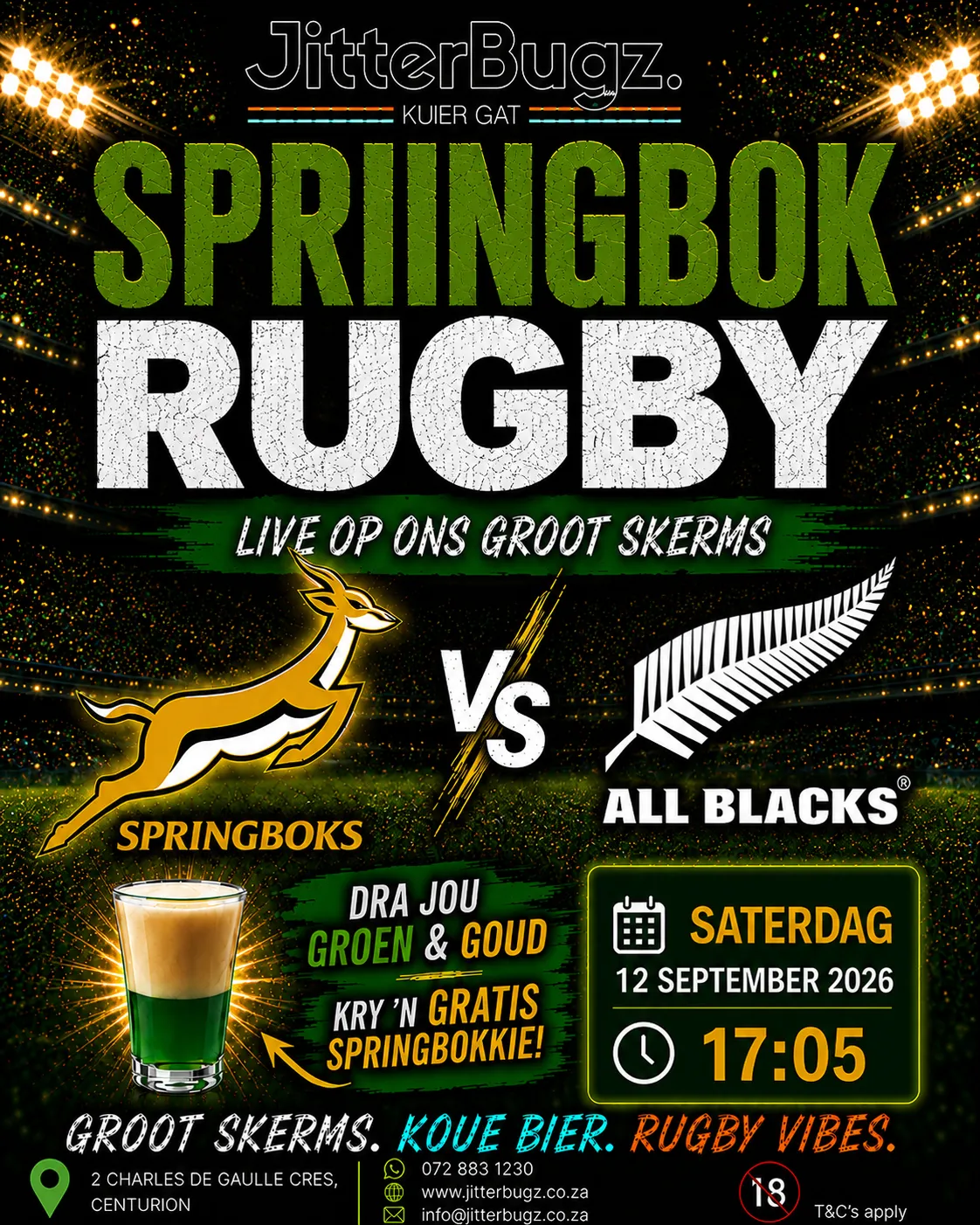 Springboks vs All Blacks live at JitterBugz on 12 September 2026