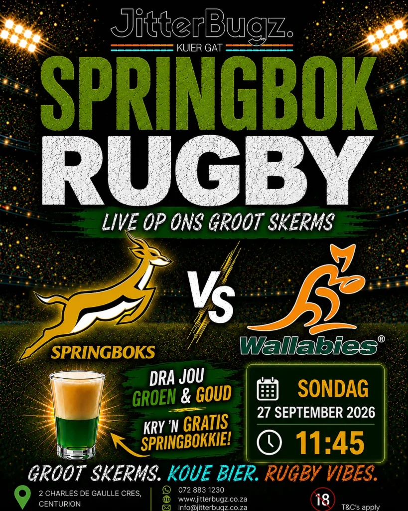 Springboks vs Wallabies live at JitterBugz on 27 September 2026