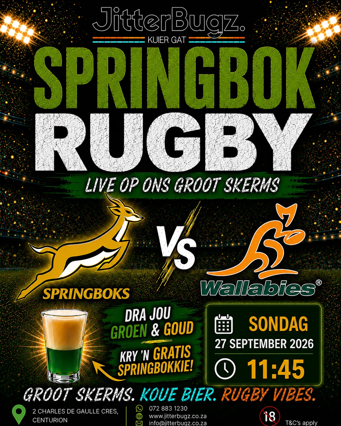 Springboks vs Wallabies live at JitterBugz on 27 September 2026